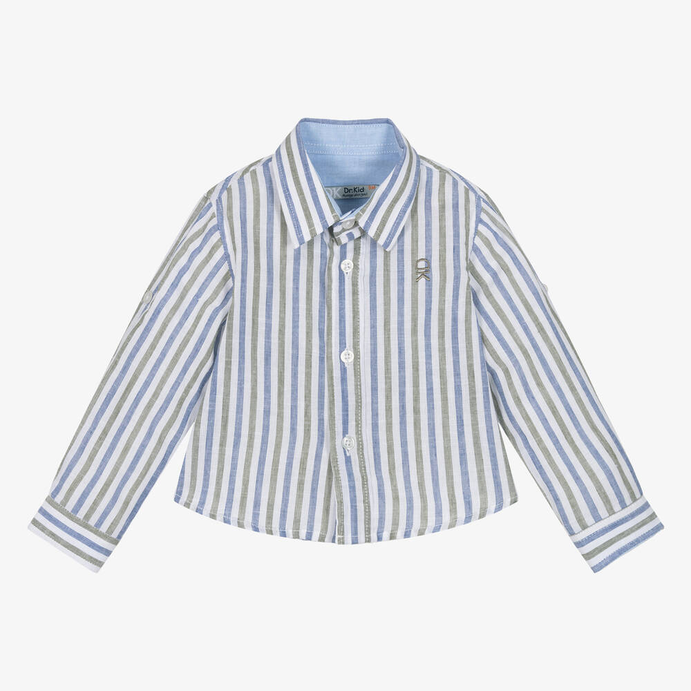 Dr. Kid-قميص قطن وكتان مقلم لون أزرق وأخضر للأولاد | Childrensalon Outlet