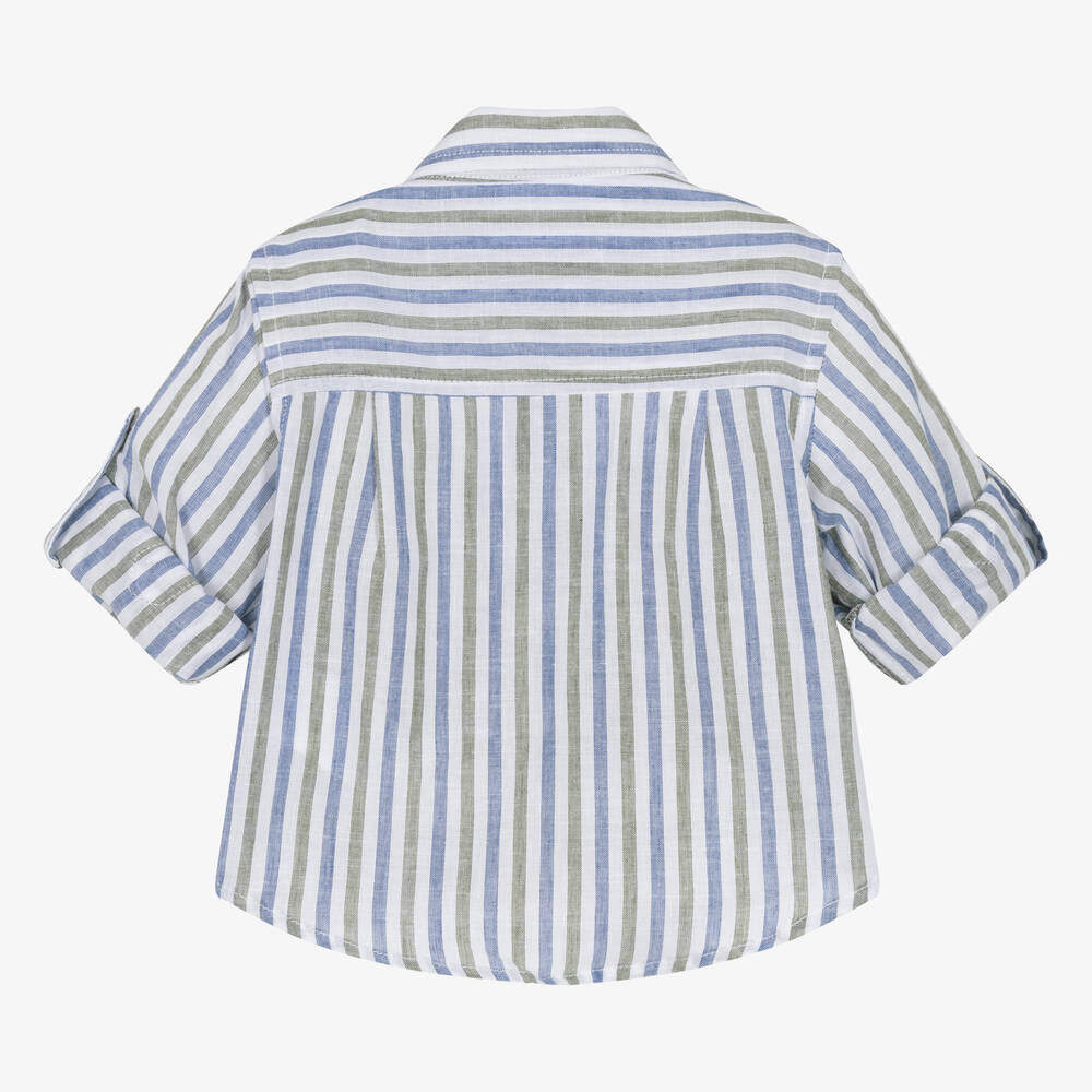 Dr. Kid-قميص قطن وكتان مقلم لون أزرق وأخضر للأولاد | Childrensalon Outlet