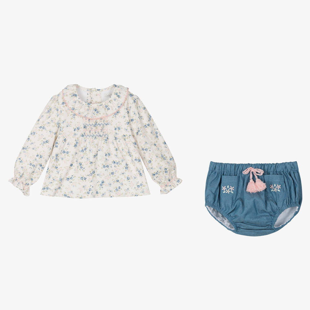 Dr. Kid-Baby Girls Blue Cotton Floral Shorts Set | Childrensalon Outlet