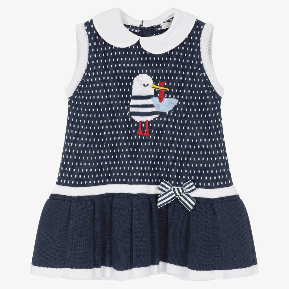 Dr. Kid - Baby Girls Blue Cotton Knit Seagull Dress | Childrensalon