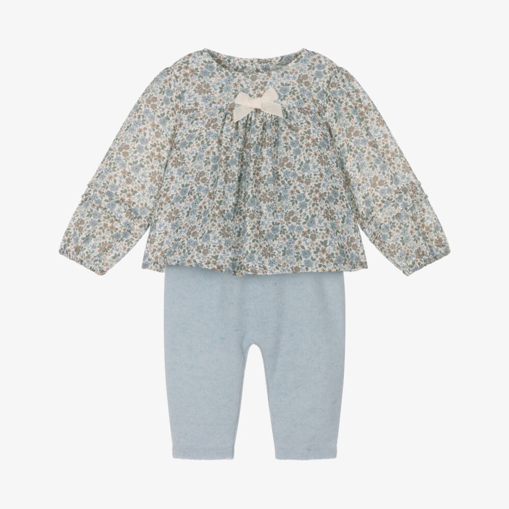 Dr. Kid-Baby Girls Blue Floral Cotton & Knitted Leggings Set | Childrensalon Outlet