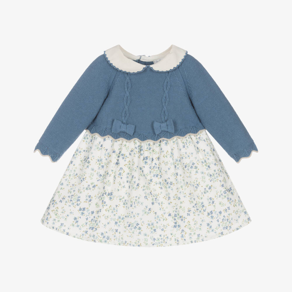 Dr. Kid-Baby Girls Blue & Ivory Floral Corduroy Dress | Childrensalon Outlet