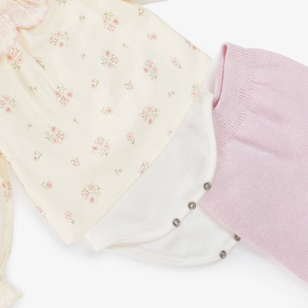Dr. Kid-Baby Girls Ivory Floral Cotton & Pink Knit Leggings Set | Childrensalon Outlet
