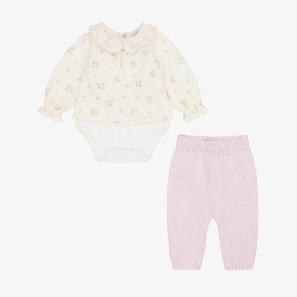 Dr. Kid-Baby Girls Ivory Floral Cotton & Pink Knit Leggings Set | Childrensalon Outlet