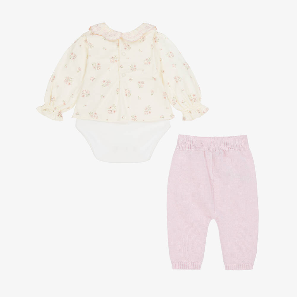 Dr. Kid-Baby Girls Ivory Floral Cotton & Pink Knit Leggings Set | Childrensalon Outlet