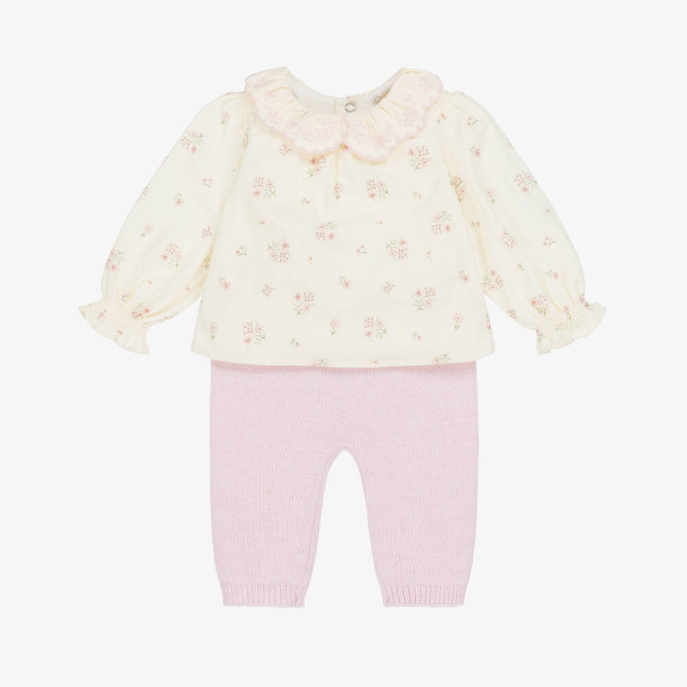 Dr. Kid-Baby Girls Ivory Floral Cotton & Pink Knit Leggings Set | Childrensalon Outlet