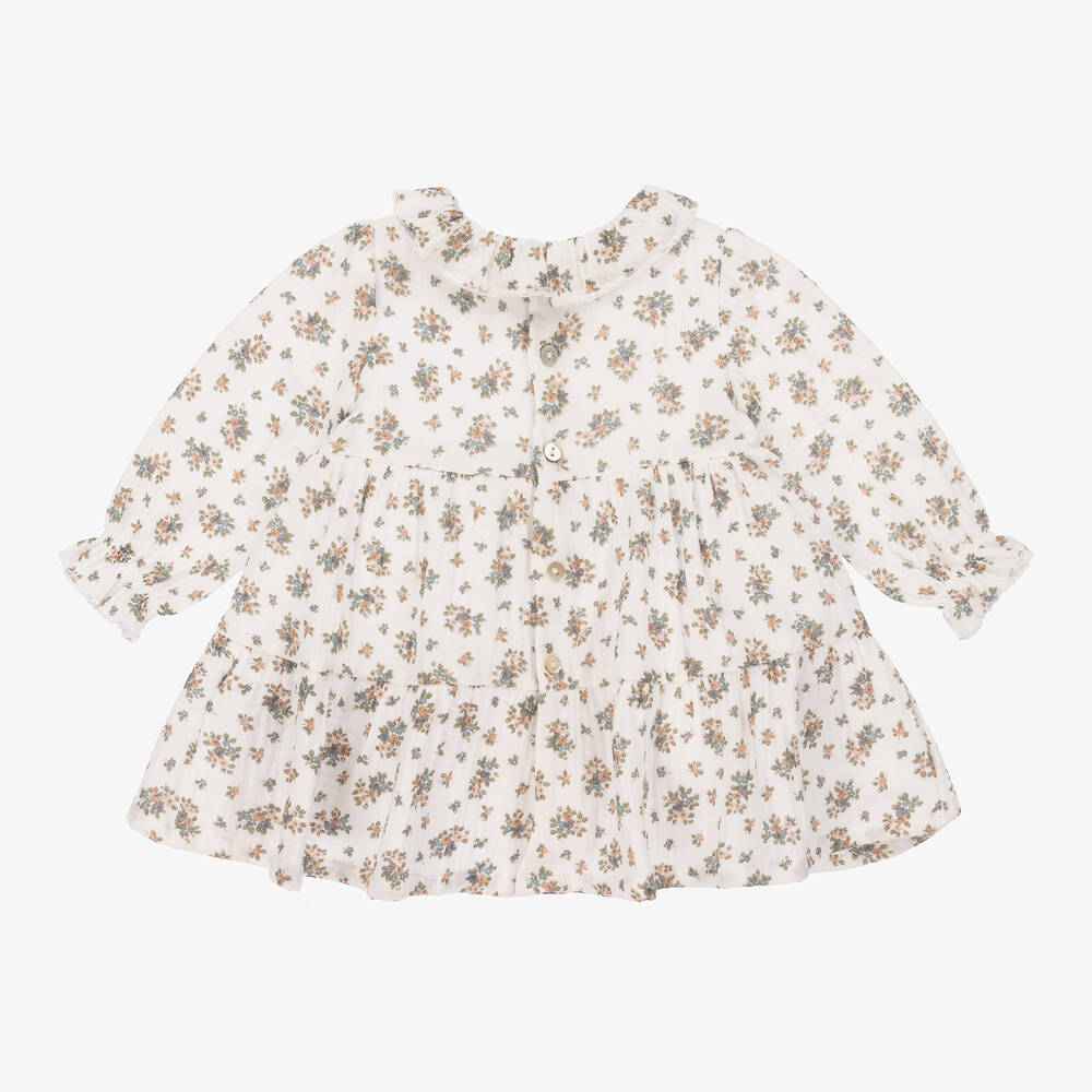 Dr. Kid-فستان بطبعة ورود قطن لون عاجي وأخضر للمولودات | Childrensalon Outlet