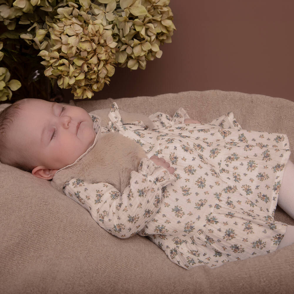 Dr. Kid-فستان بطبعة ورود قطن لون عاجي وأخضر للمولودات | Childrensalon Outlet