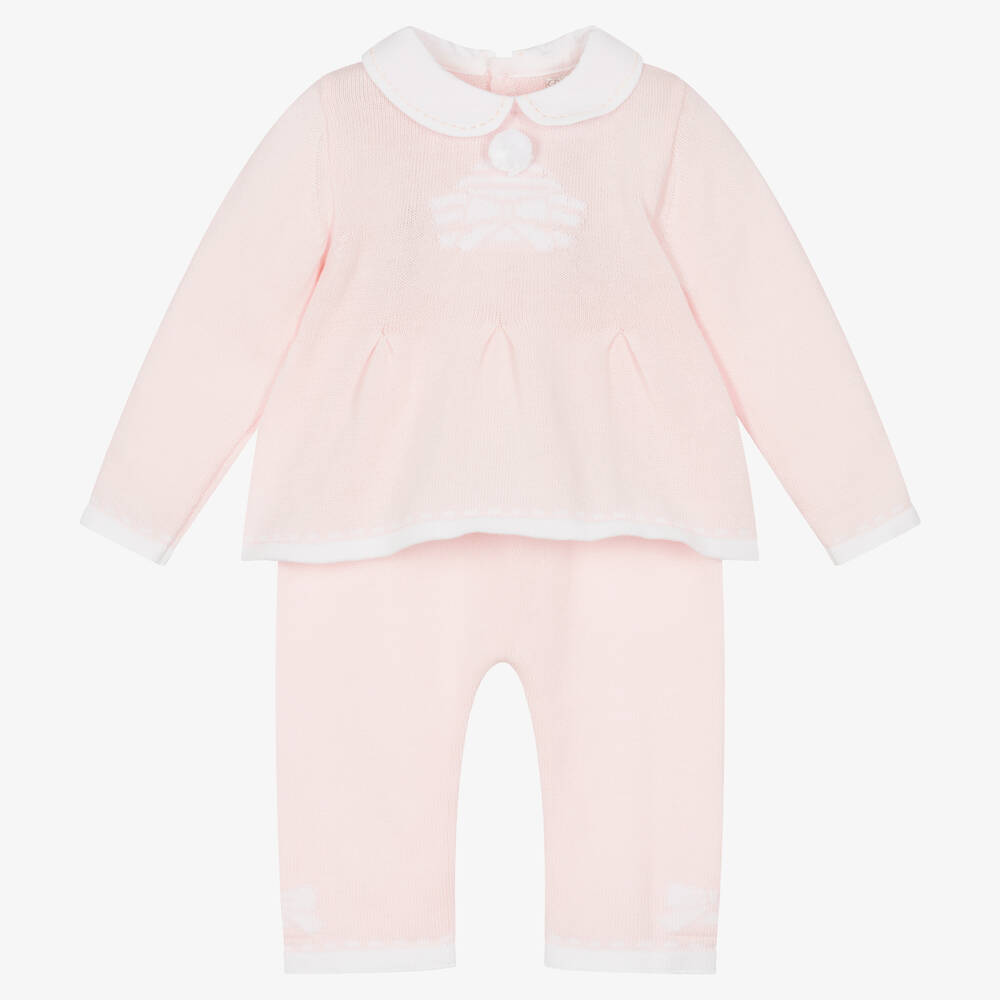 Dr. Kid - Baby Girls Pink Cotton Knit Trouser Set | Childrensalon