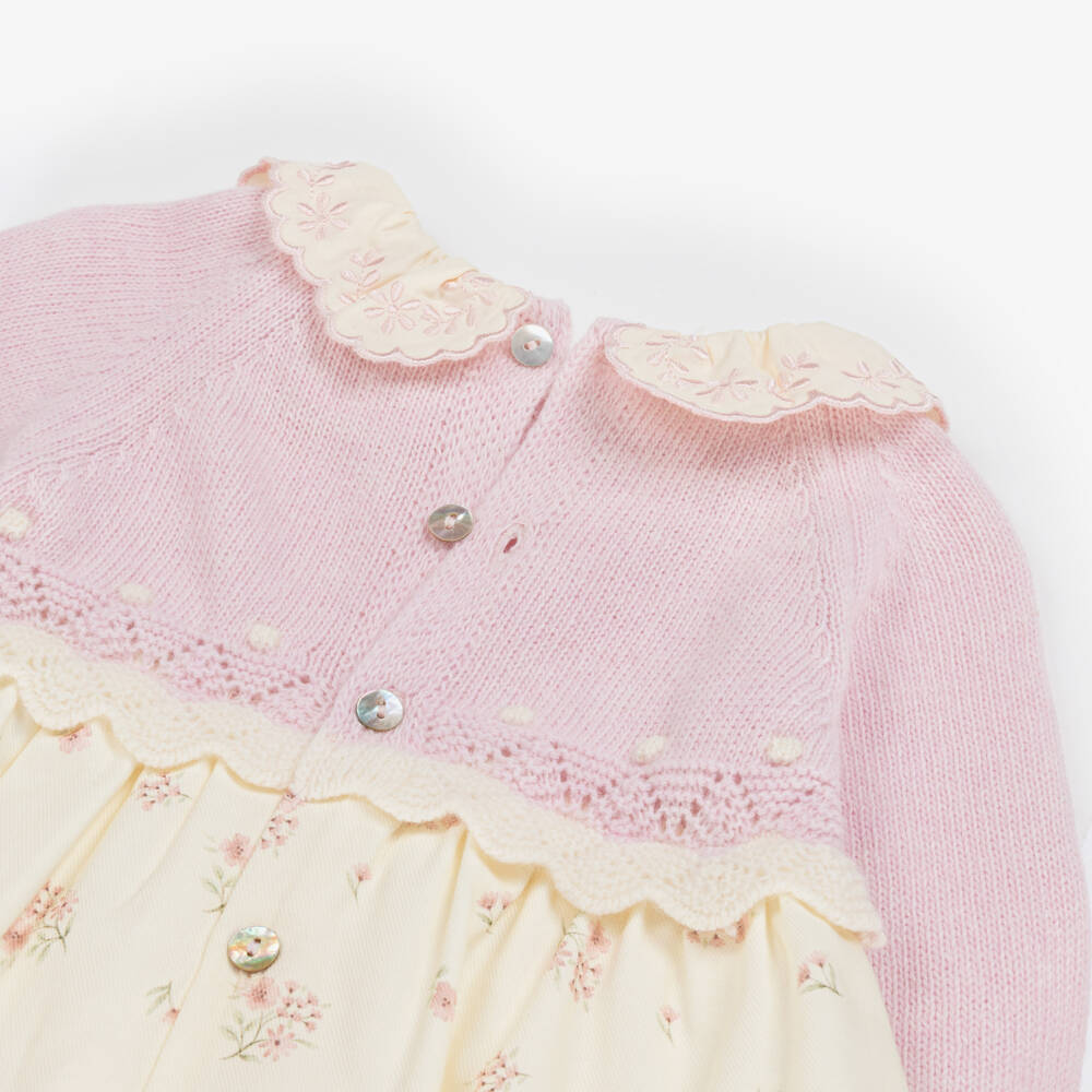 Dr. Kid-فستان بناتي وردي وعاجي بنقشة زهور محبوكة | Childrensalon Outlet