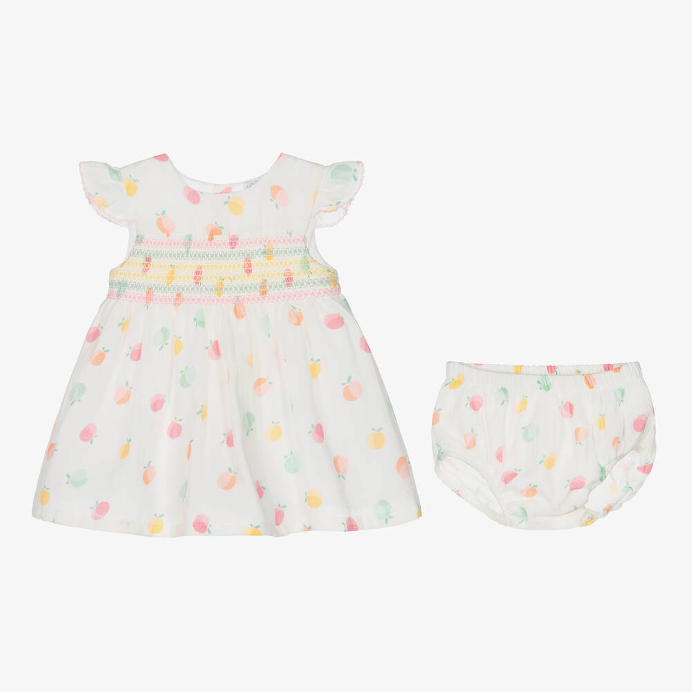 Dr. Kid-طقم فستان وقبعة قطن موسلين لون أبيض للمولودات | Childrensalon Outlet