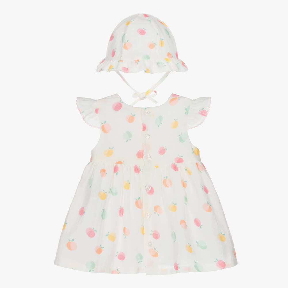 Dr. Kid-طقم فستان وقبعة قطن موسلين لون أبيض للمولودات | Childrensalon Outlet