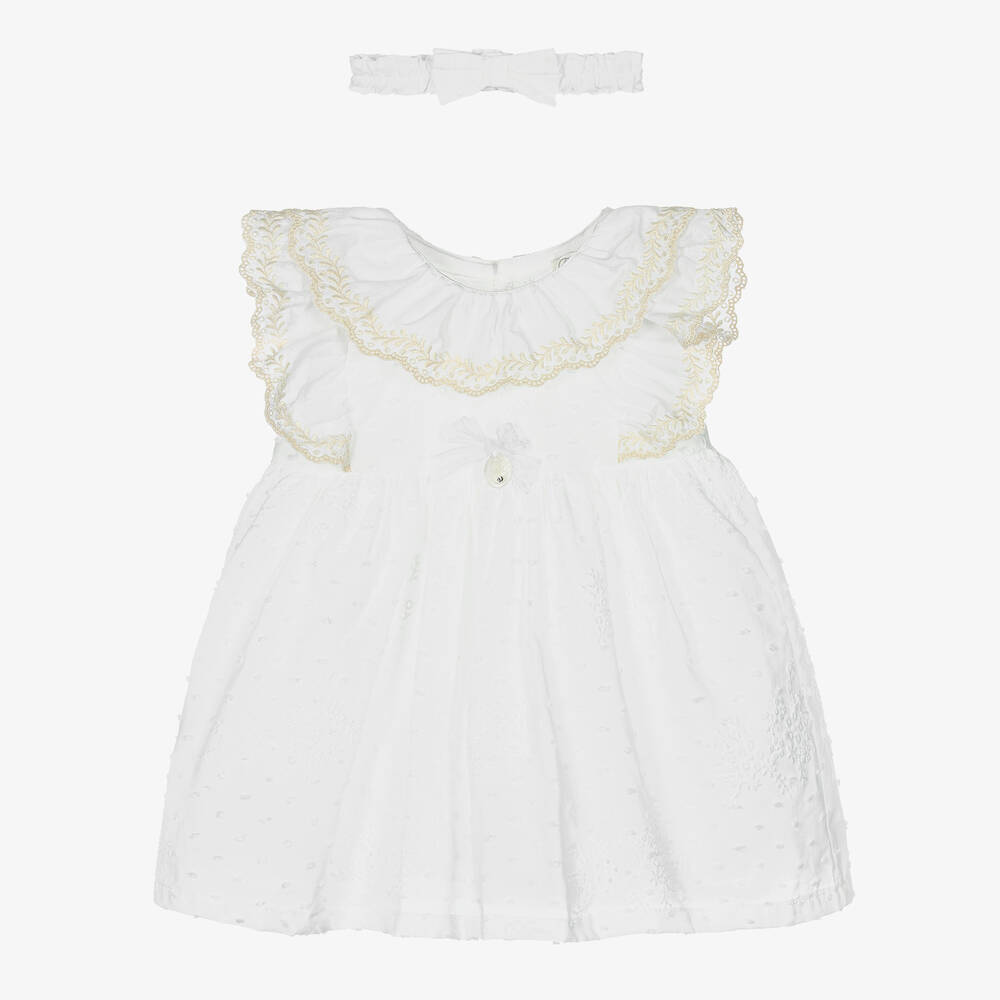 Dr. Kid - طقم فستان قطن لون أبيض للمولودات | Childrensalon