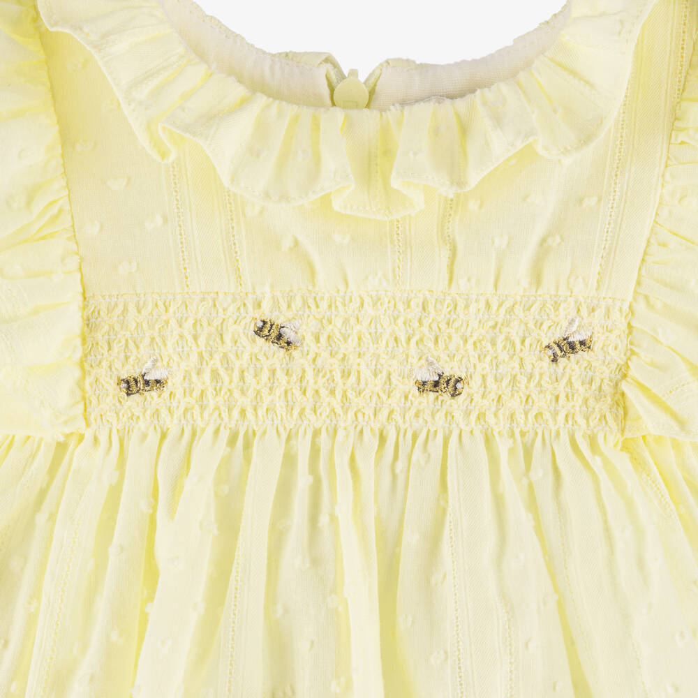 Dr. Kid-Baby Girls Yellow Cotton Smocked Dress with Embroidered Bees | Childrensalon Outlet
