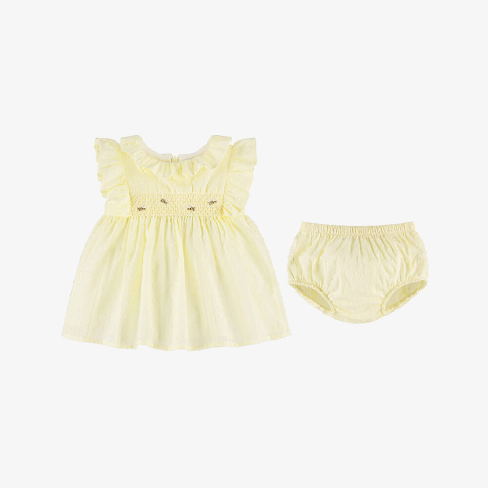 Dr. Kid-Baby Girls Yellow Cotton Smocked Dress with Embroidered Bees | Childrensalon Outlet