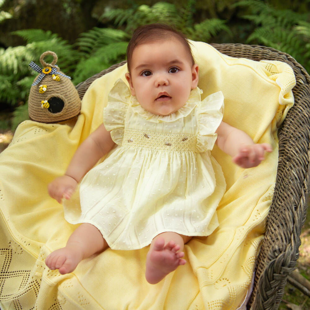 Dr. Kid-Baby Girls Yellow Cotton Smocked Dress with Embroidered Bees | Childrensalon Outlet