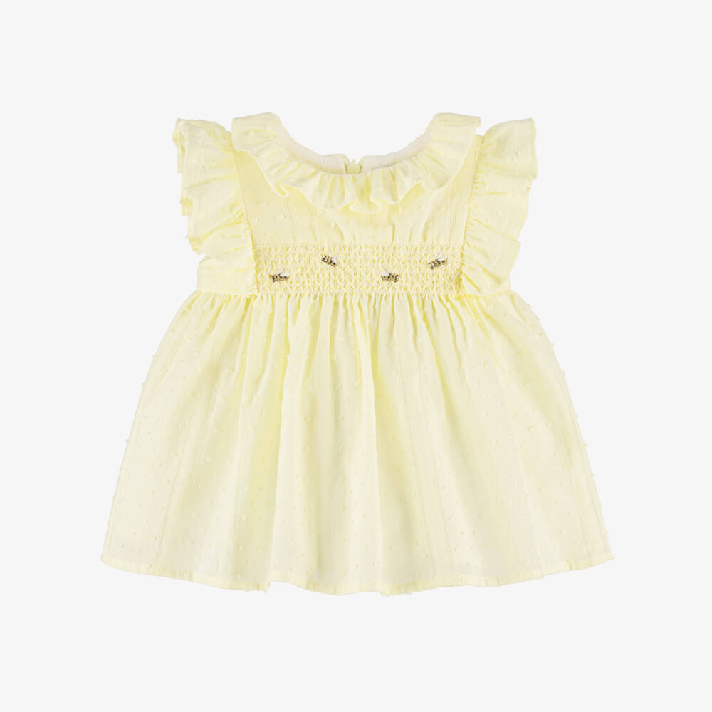 Dr. Kid-Baby Girls Yellow Cotton Smocked Dress with Embroidered Bees | Childrensalon Outlet