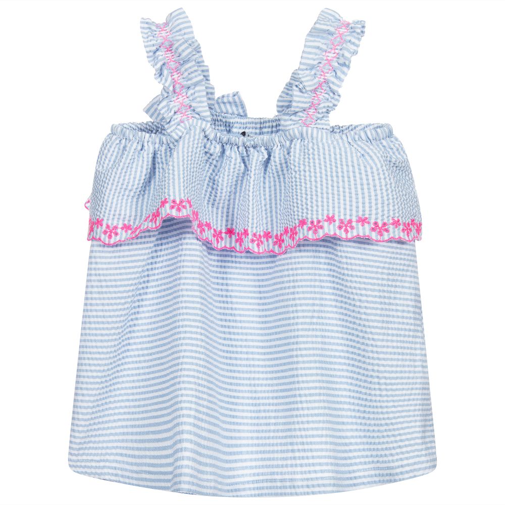 Dr. Kid-بلوز قطن سيرساكر مطرز لون أزرق وأبيض | Childrensalon Outlet