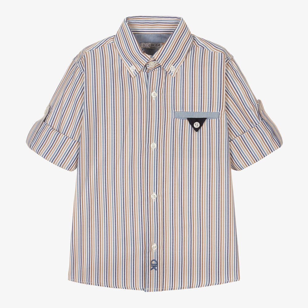 Dr. Kid - Boys Beige & Blue Stripe Cotton Shirt  | Childrensalon
