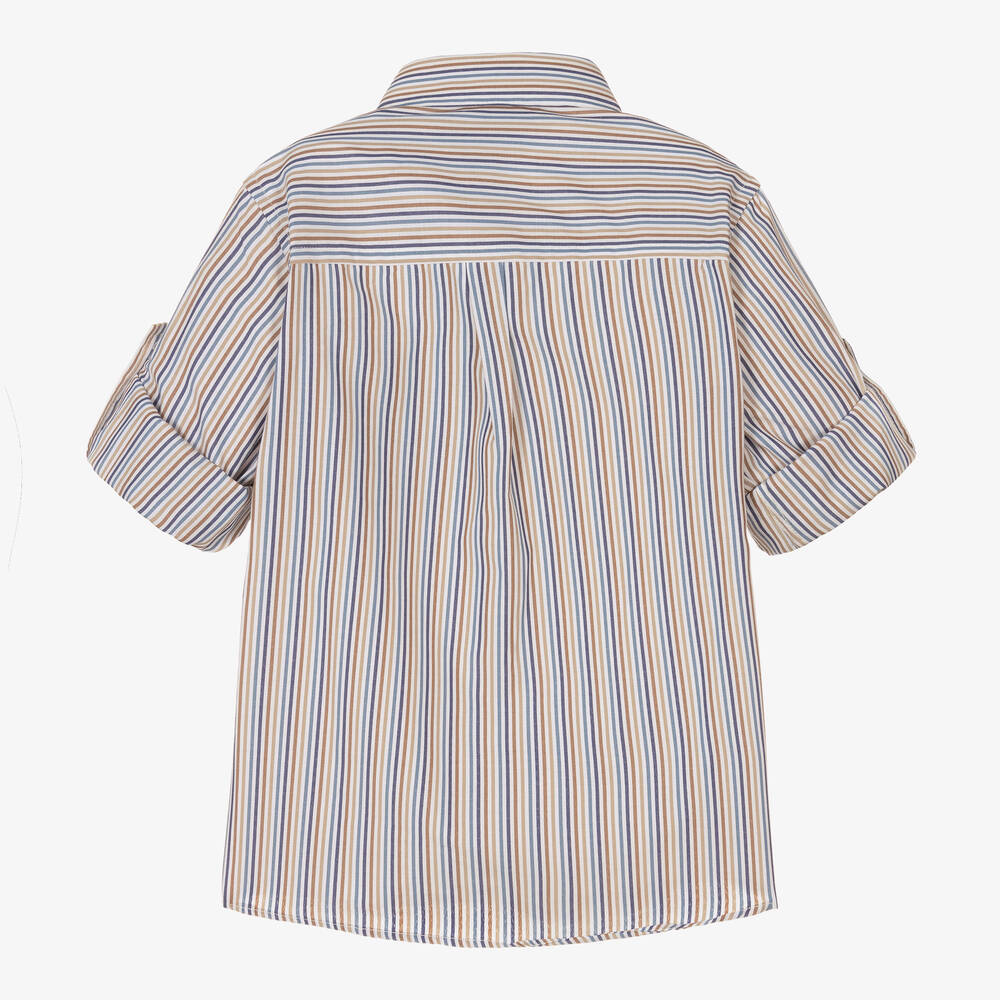 Dr. Kid-Boys Beige & Blue Stripe Cotton Shirt  | Childrensalon Outlet