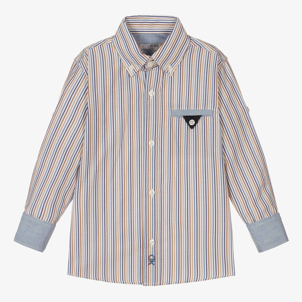 Dr. Kid-Boys Beige & Blue Stripe Cotton Shirt  | Childrensalon Outlet