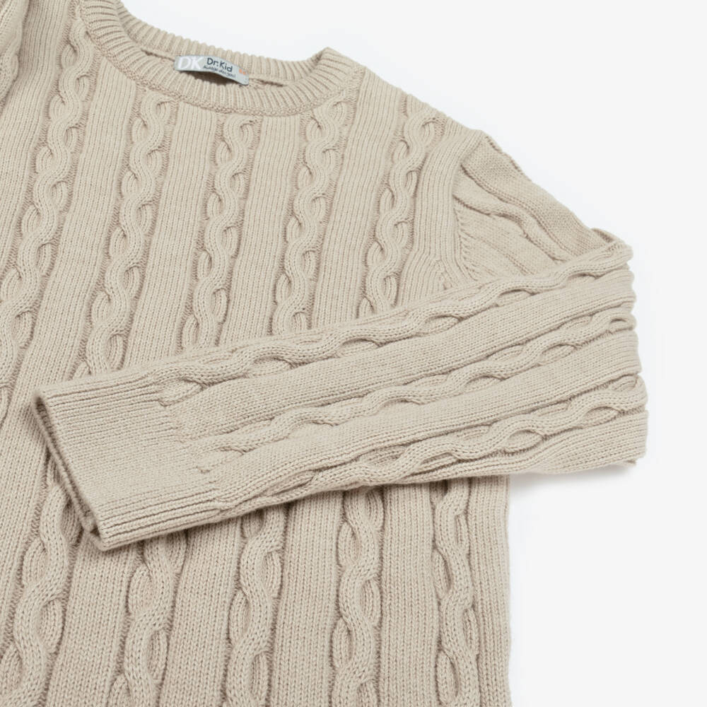 Dr. Kid-Boys Beige Cotton Cable Knit Sweater with Ribbed Trims | Childrensalon Outlet