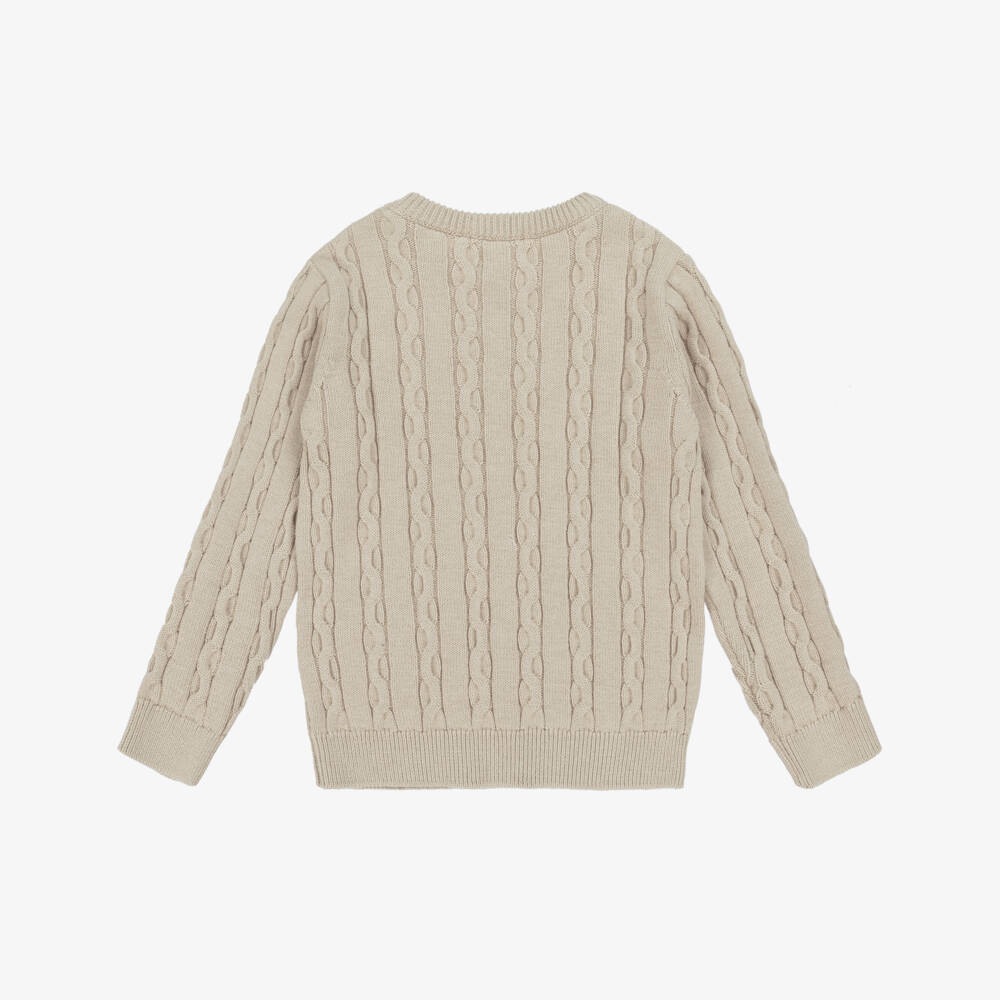 Dr. Kid-Boys Beige Cotton Cable Knit Sweater with Ribbed Trims | Childrensalon Outlet