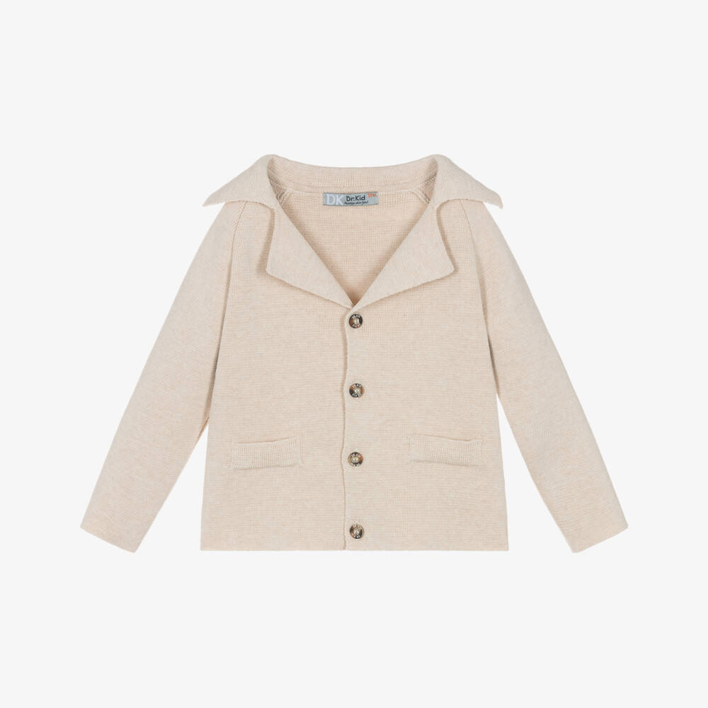 Dr. Kid-Boys Beige Cotton Knit Collared Cardigan | Childrensalon Outlet