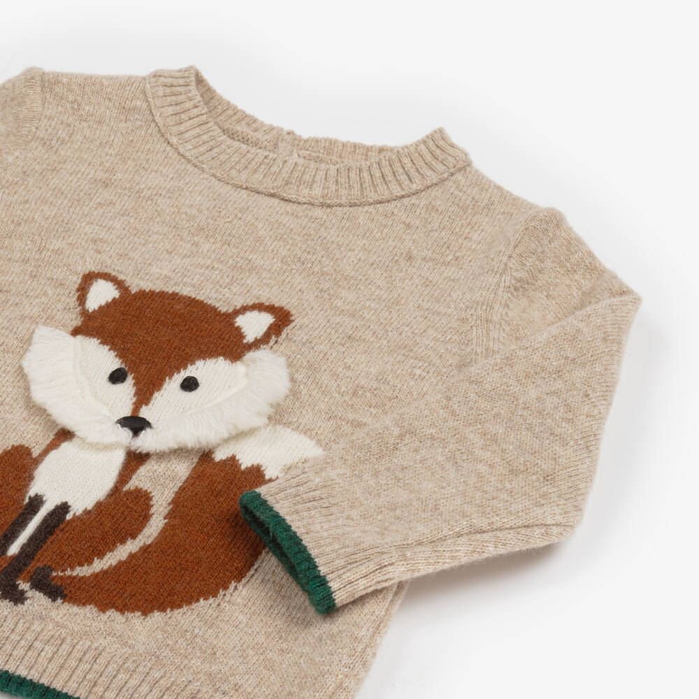 Dr. Kid-Бежевый шерстяной свитер с лисой для мальчиков | Childrensalon Outlet