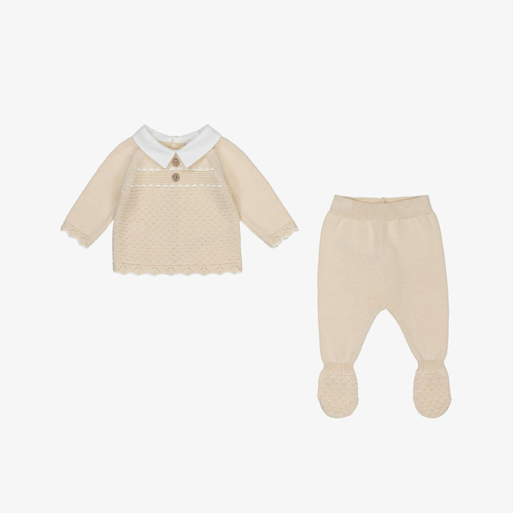 Dr. Kid-Boys Beige Knit Cotton Babysuit Set | Childrensalon Outlet