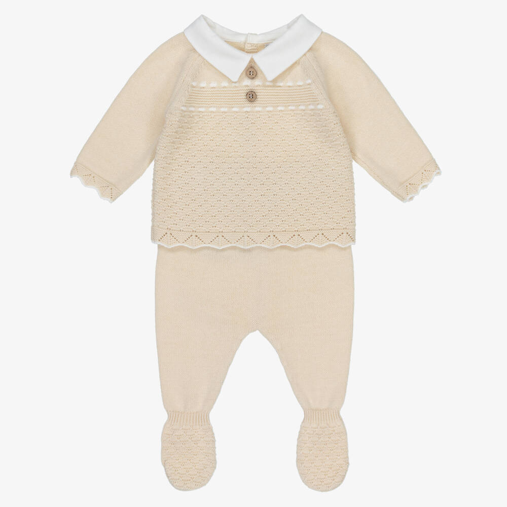 Dr. Kid-Boys Beige Knit Cotton Babysuit Set | Childrensalon Outlet