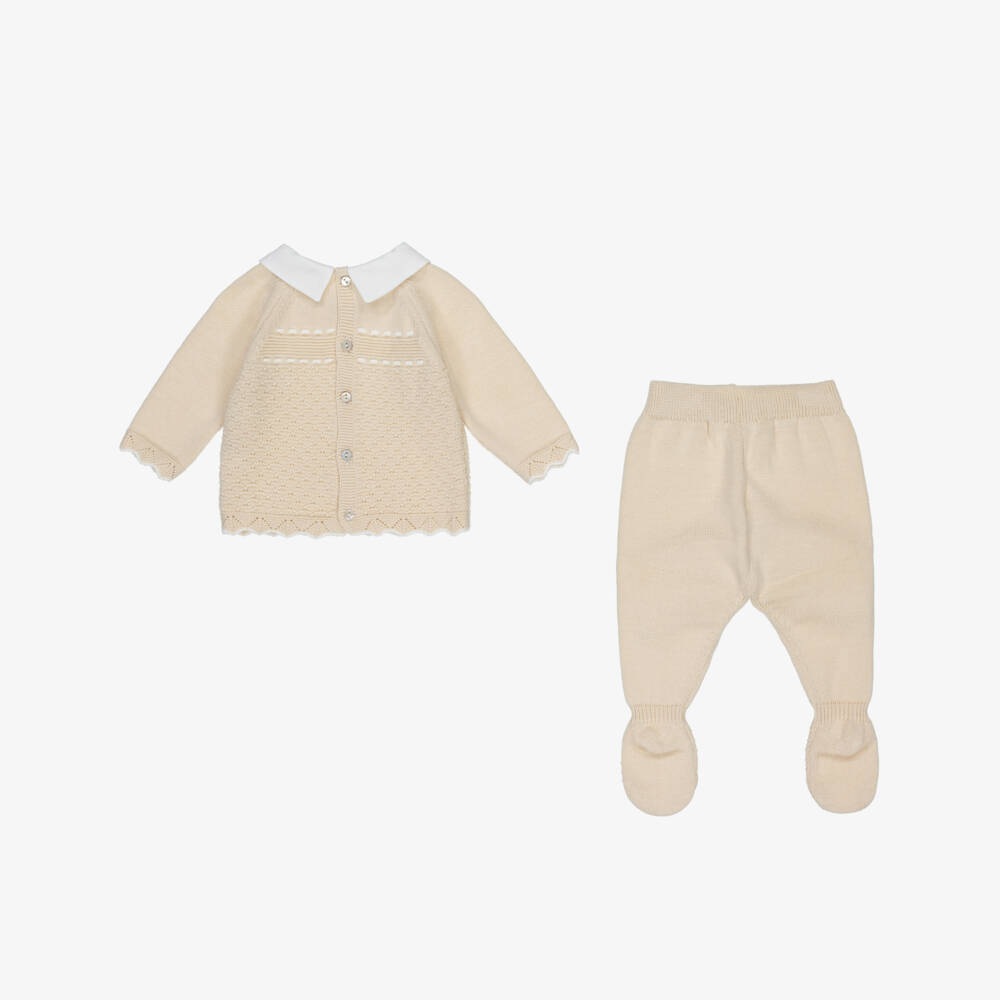 Dr. Kid-Boys Beige Knit Cotton Babysuit Set | Childrensalon Outlet