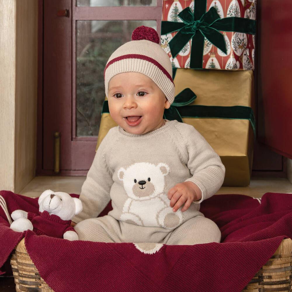 Dr. Kid-Бежевый вязаный комбинезон для мальчиков с мишкой | Childrensalon Outlet