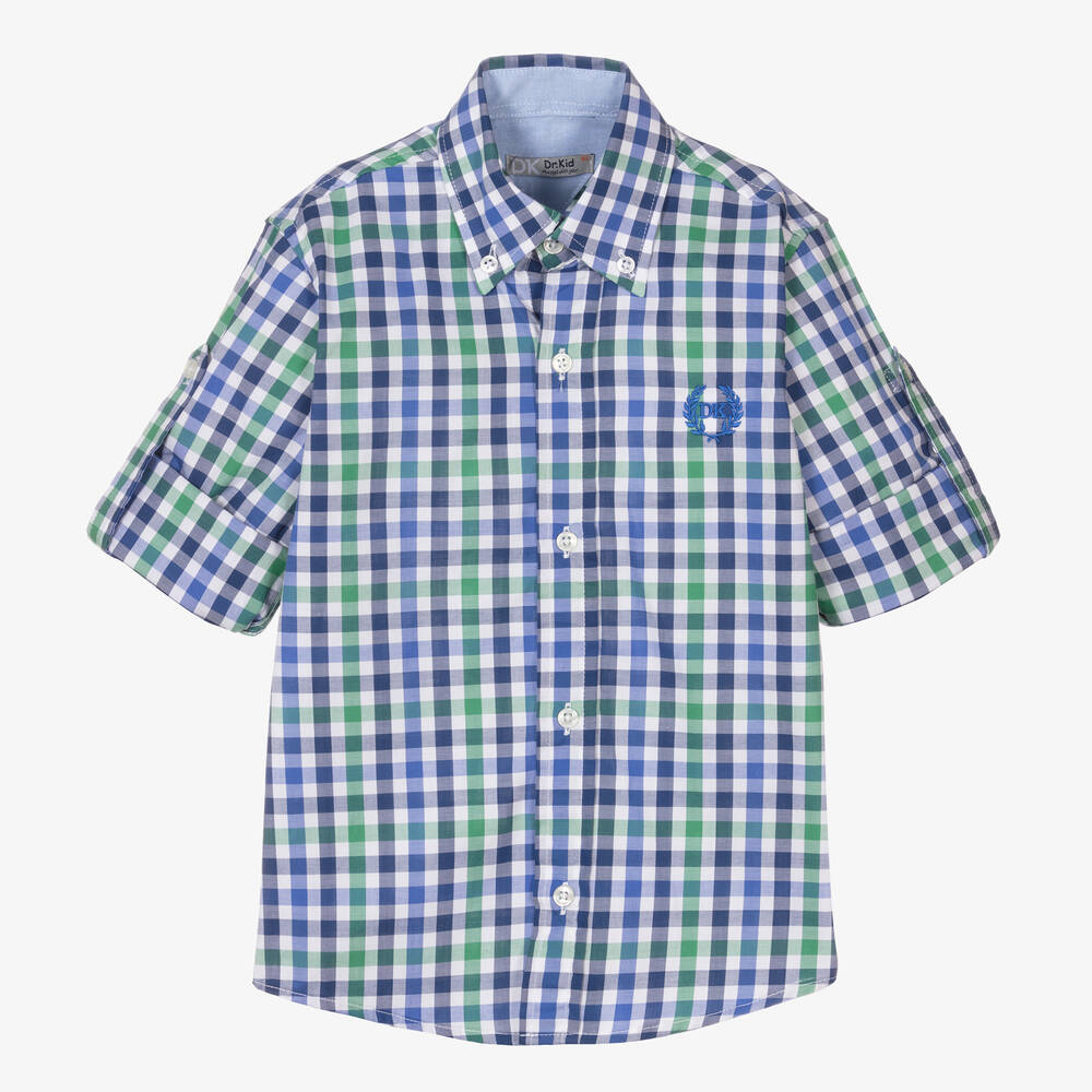 Dr. Kid - Boys Blue and Green Check Cotton Shirt  | Childrensalon