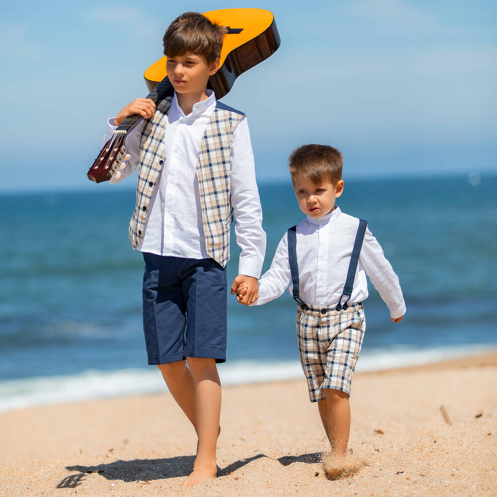 Dr. Kid-Boys Blue & Beige Cotton Check Shorts  | Childrensalon Outlet