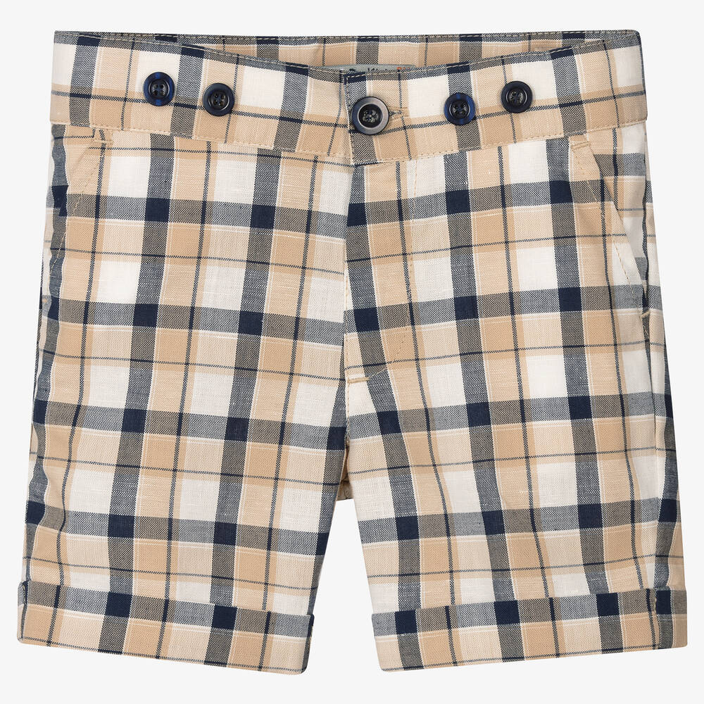 Dr. Kid-Boys Blue & Beige Cotton Check Shorts  | Childrensalon Outlet