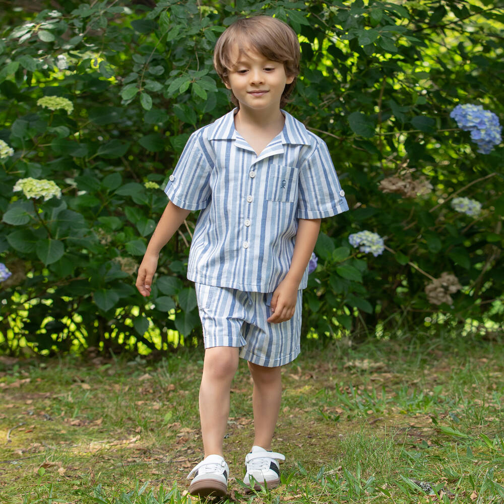 Dr. Kid-Boys Blue & Ivory Striped Cotton Short-Sleeved Shirt | Childrensalon Outlet