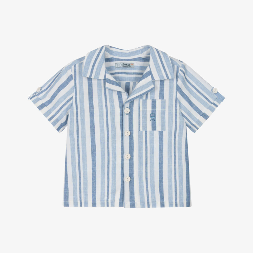 Dr. Kid-Boys Blue & Ivory Striped Cotton Short-Sleeved Shirt | Childrensalon Outlet