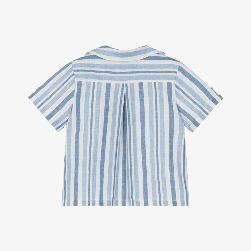 Dr. Kid-Boys Blue & Ivory Striped Cotton Short-Sleeved Shirt | Childrensalon Outlet
