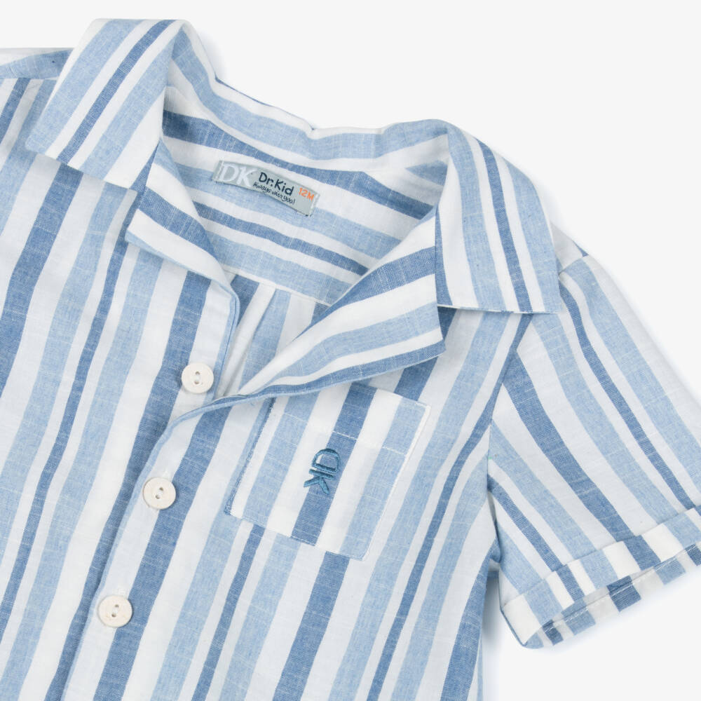 Dr. Kid-Boys Blue & Ivory Striped Cotton Short-Sleeved Shirt | Childrensalon Outlet