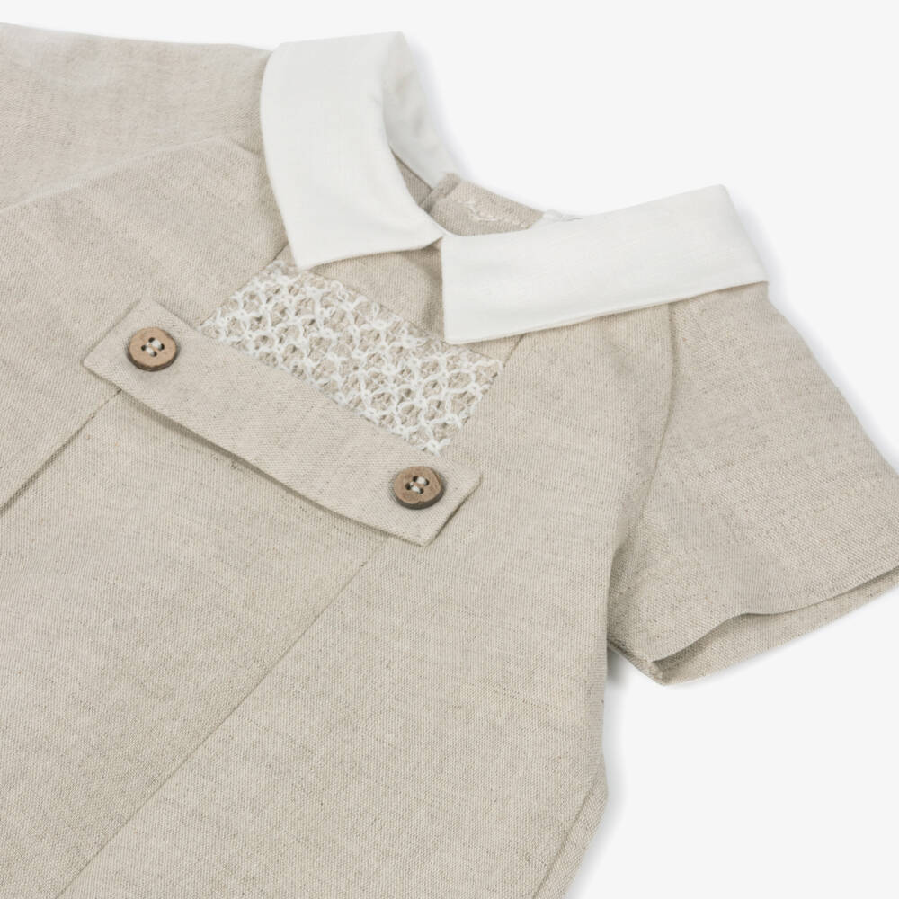 Dr. Kid-Boys Classic Beige Linen Romper | Childrensalon Outlet
