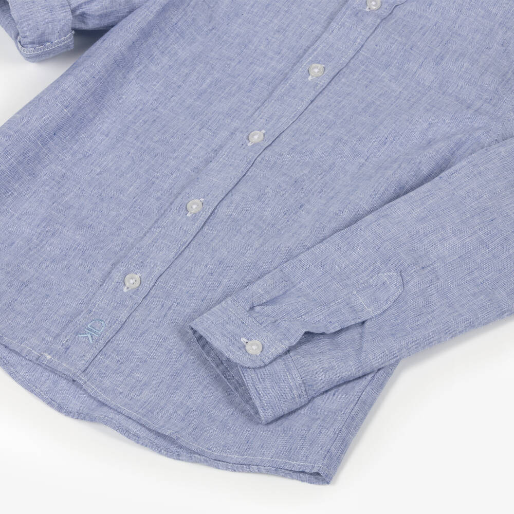 Dr. Kid-Boys Collarless Blue Linen Blend Shirt | Childrensalon Outlet