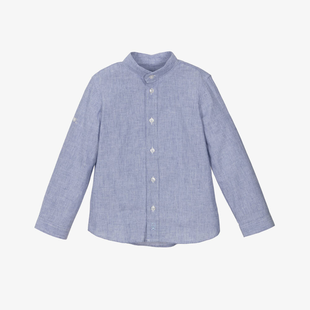 Dr. Kid-Boys Collarless Blue Linen Blend Shirt | Childrensalon Outlet