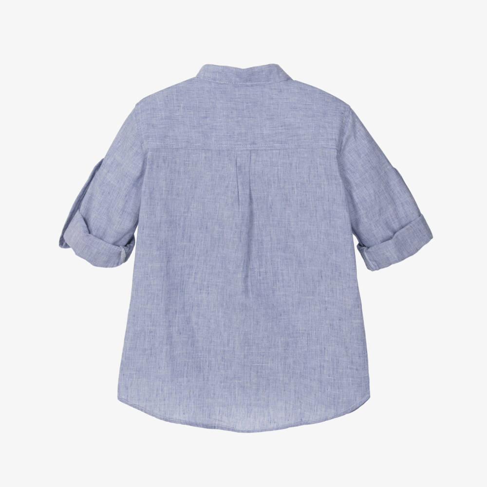 Dr. Kid-Boys Collarless Blue Linen Blend Shirt | Childrensalon Outlet