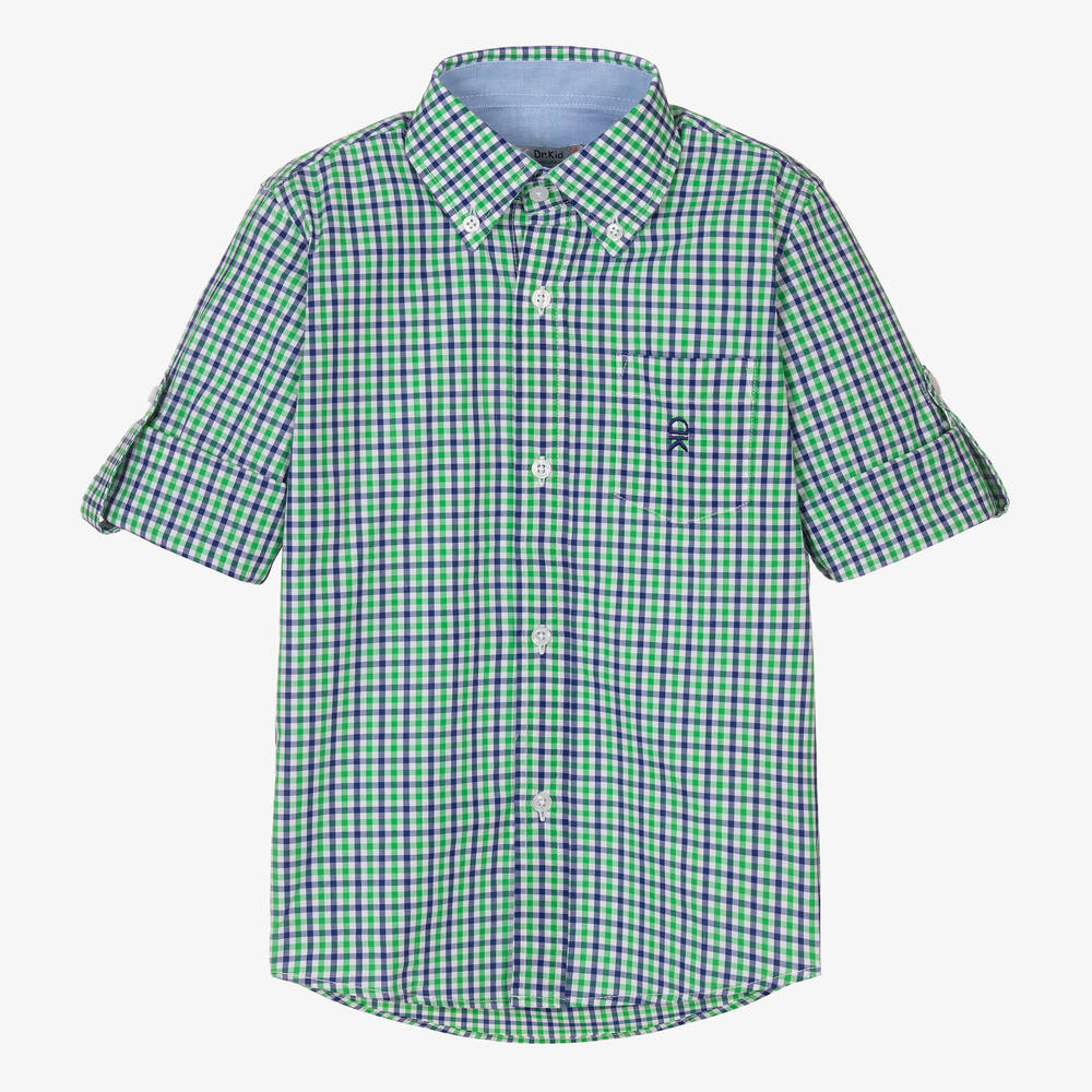 Dr. Kid - Boys Green & Blue Check Cotton Shirt | Childrensalon