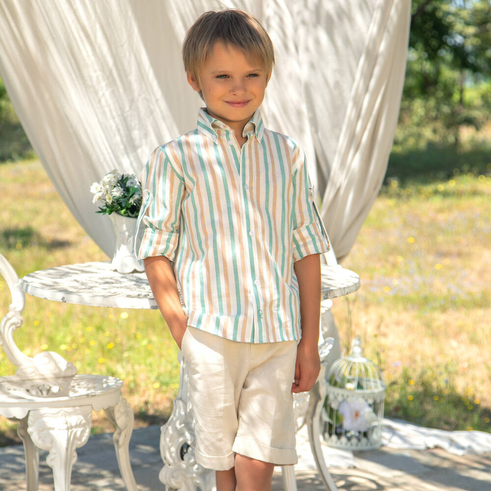 Dr. Kid-Boys Green Linen-Cotton Stripe Shirt | Childrensalon Outlet