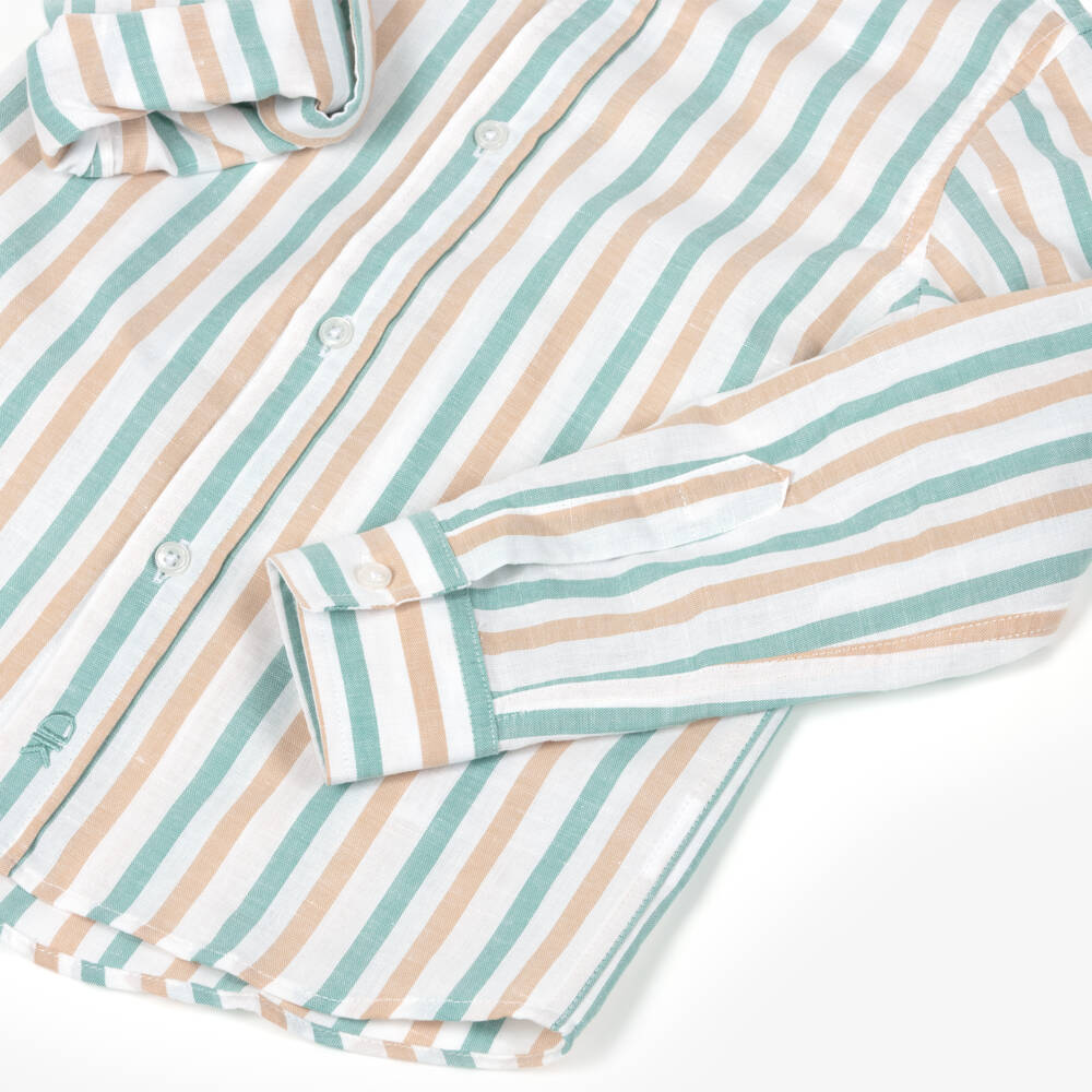 Dr. Kid-Boys Green Linen-Cotton Stripe Shirt | Childrensalon Outlet
