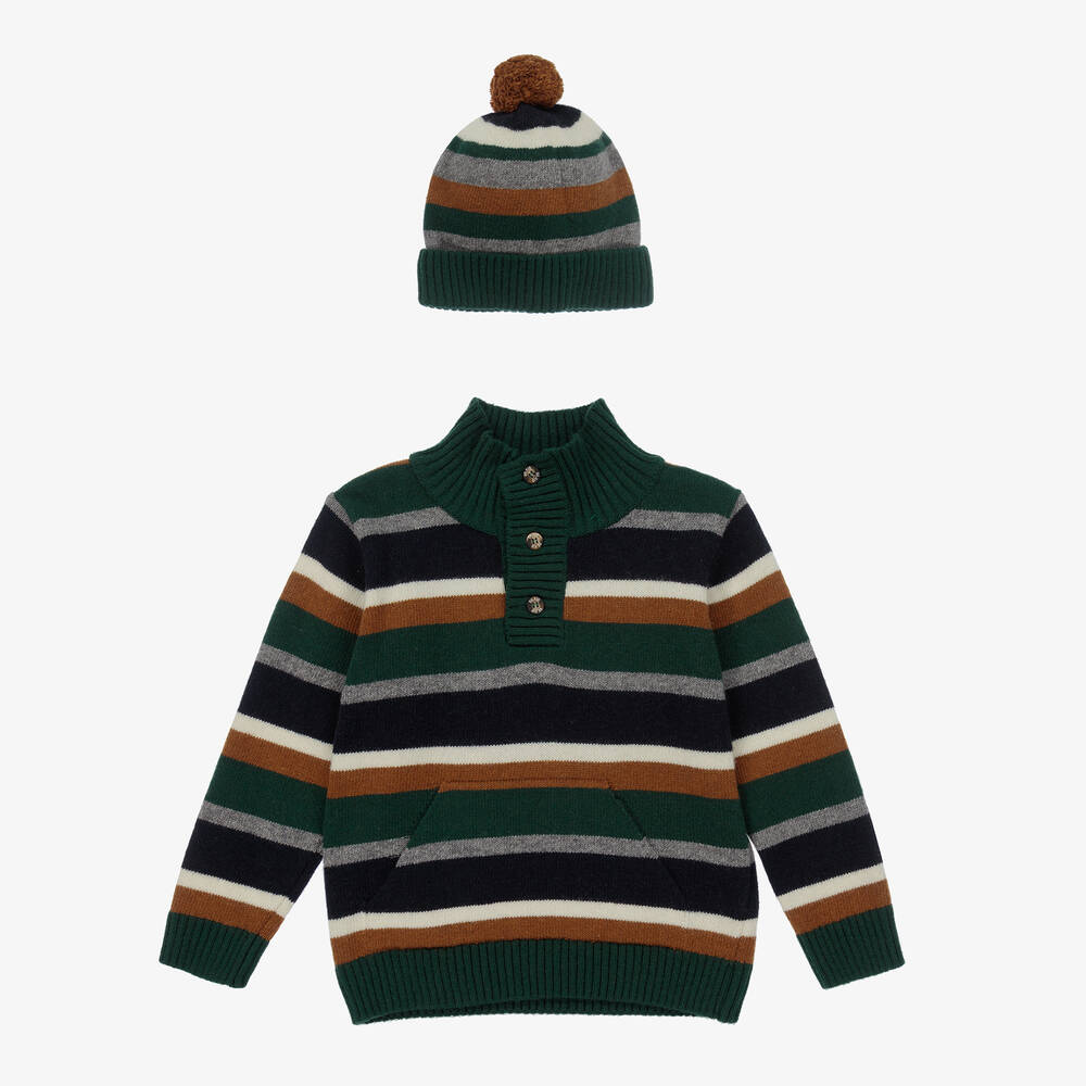 Dr. Kid - Boys Green Stripe Sweater & Hat | Childrensalon