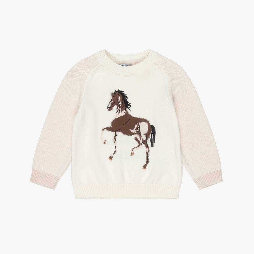 Dr. Kid-Boys Ivory & Beige Cotton Sweater with Horse Motif | Childrensalon Outlet