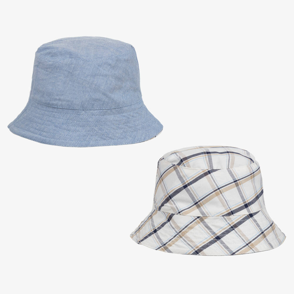 Dr. Kid-Boys Ivory & Blue Reversible Check Sun Hat  | Childrensalon Outlet
